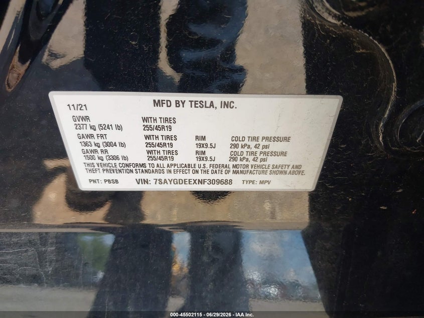 2022 Tesla Model y VIN 7SAYGDEEXNF309688 IAAI salvage auction — UNKNOWN, Salvage (Pennsylvania), sold $8,500 on 2026-07-31 (photo 8)