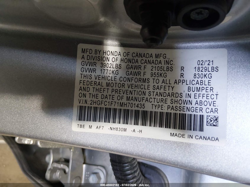 2021 Honda Civic VIN 2HGFC1F71MH701435 IAAI salvage auction — FRONT END, Salvage Title, sold $3,600 on 2026-07-30 (photo 9)