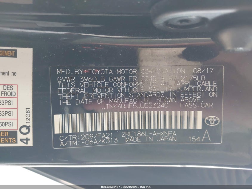 2018 Toyota Corolla VIN JTNKARJE5JJ553240 IAAI salvage auction — NORMAL WEAR, Clear (Florida), sold $1,550 on 2026-07-29 (photo 9)