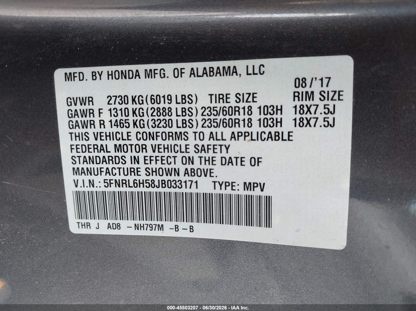 2018 Honda Odyssey VIN 5FNRL6H58JB033171 IAAI salvage auction — FRONT END, Salvage Title, sold $6,300 on 2026-09-01 (photo 9)