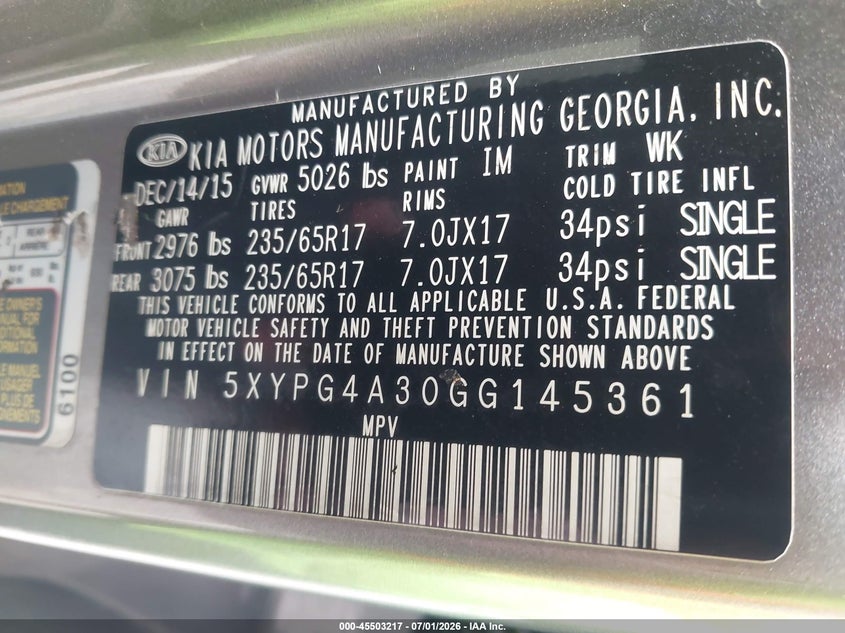 2016 Kia Sorento VIN 5XYPG4A30GG145361 IAAI salvage auction — FRONT END, Salvage (Louisiana), sold $625 on 2026-07-28 (photo 9)