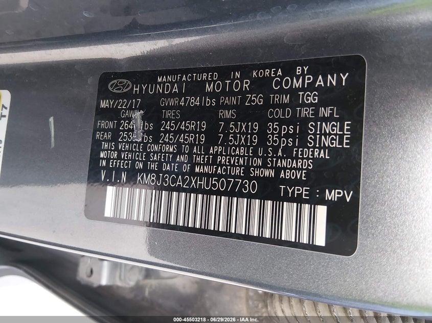 2017 Hyundai Tucson VIN KM8J3CA2XHU507730 IAAI salvage auction — NORMAL WEAR, Certificate Of Title (Nebraska), sold $4,550 on 2026-07-09 (photo 9)