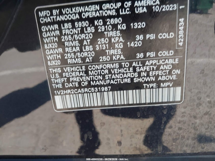 2024 Volkswagen Atlas VIN 1V2HR2CA5RC531987 IAAI salvage auction — NORMAL WEAR, Enterprise Vehicles Clear Only (California), sold $13,275 on 2026-07-30 (photo 9)