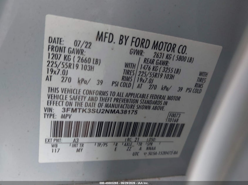 2022 Ford Mustang mach-e VIN 3FMTK3SU2NMA38175 IAAI salvage auction — LEFT SIDE, Salvage Title, sold $9,100 on 2026-07-23 (photo 9)