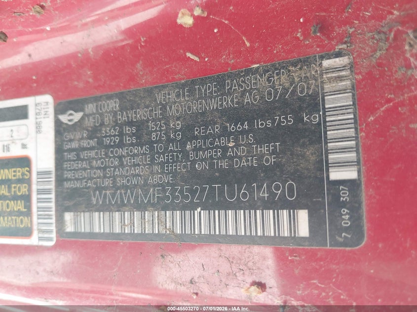 2007 Mini Cooper VIN WMWMF33527TU61490 IAAI salvage auction — NORMAL WEAR, Clear (Indiana), sold $275 on 2026-07-08 (photo 9)