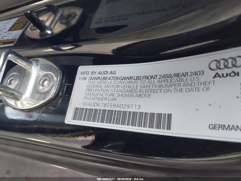 2009 Audi A5 VIN WAUDK78T59A029713 IAAI salvage auction — FRONT END, Salvage (Texas), sold $1,800 on 2026-07-14 (photo 9)