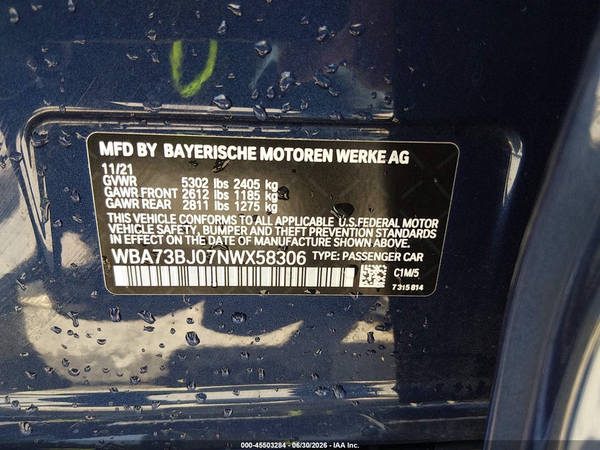 2022 BMW 5er VIN WBA73BJ07NWX58306 IAAI salvage auction — RIGHT FRONT, Salvage Title, sold $21,100 on 2026-08-04 (photo 9)