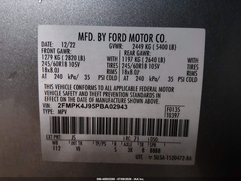 2023 Ford Edge VIN 2FMPK4J95PBA02943 IAAI salvage auction — LEFT FRONT, Wait Title, sold $10,800 on 2026-08-18 (photo 9)