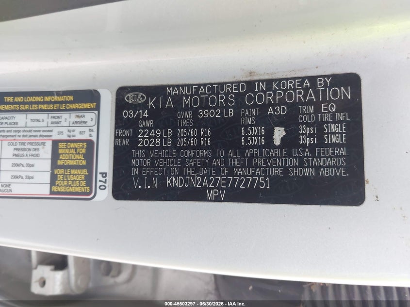 2014 Kia Soul VIN KNDJN2A27E7727751 IAAI salvage auction — NORMAL WEAR, Original (Texas), sold $1,025 on 2026-07-14 (photo 9)