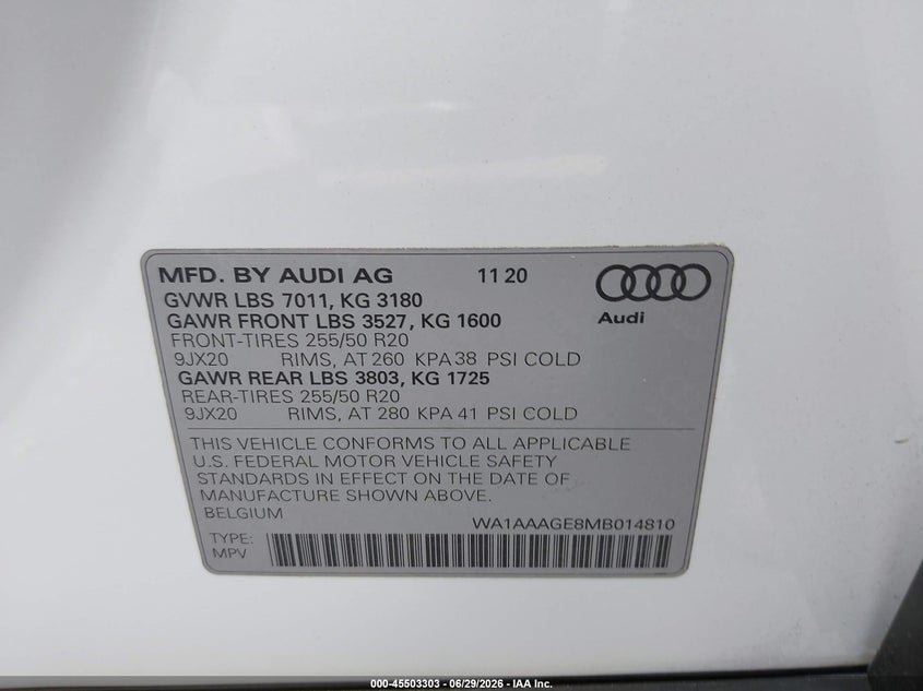 2021 Audi E-tron VIN WA1AAAGE8MB014810 IAAI salvage auction — LEFT FRONT, Salvage Title, sold $14,600 on 2026-07-13 (photo 9)