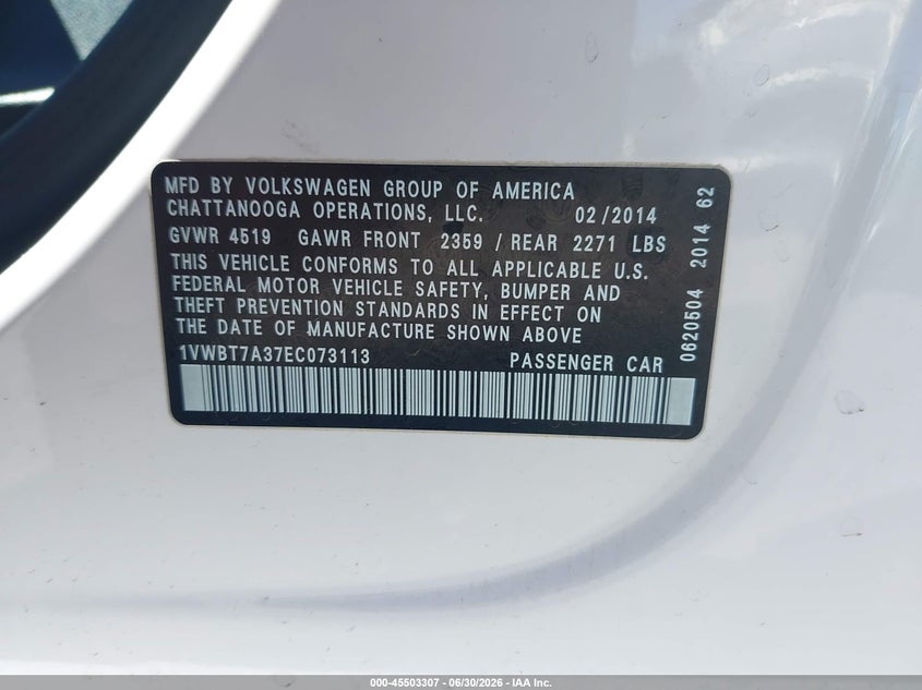 2014 Volkswagen Passat VIN 1VWBT7A37EC073113 IAAI salvage auction — RIGHT FRONT, Salvage (Arizona), sold $900 on 2026-07-12 (photo 9)