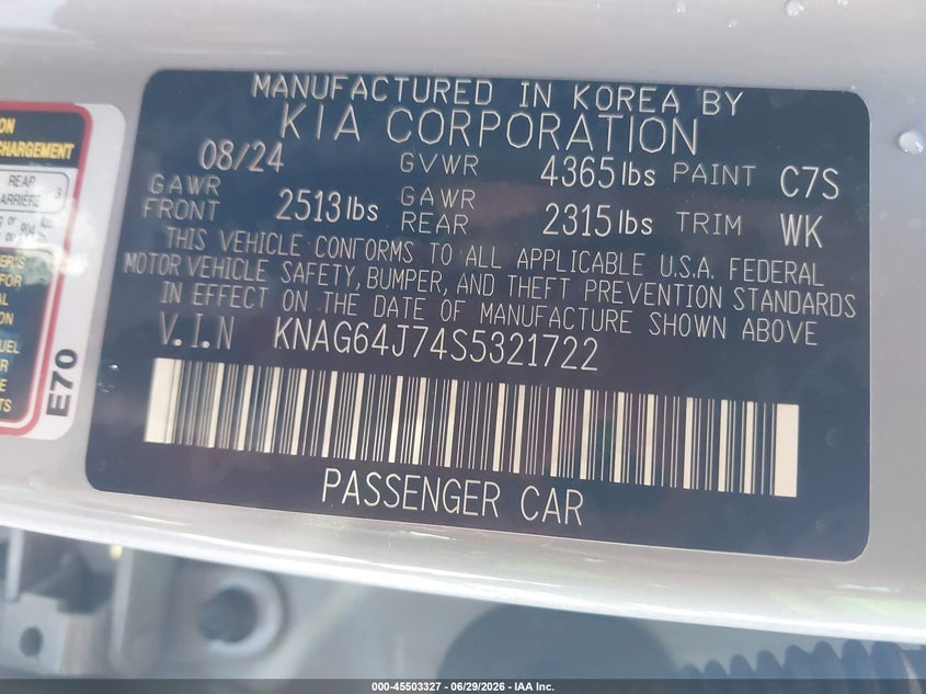 2025 Kia K5 VIN KNAG64J74S5321722 IAAI salvage auction — RIGHT FRONT, Salvage Title, sold $9,500 on 2026-08-01 (photo 9)