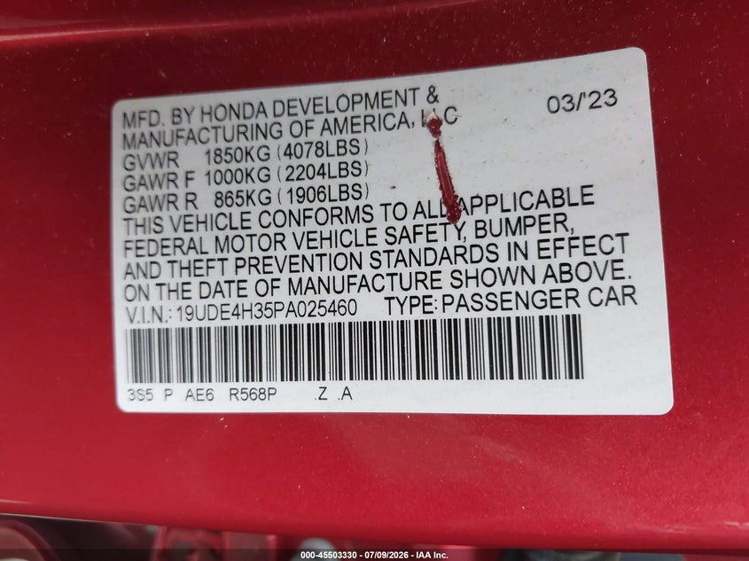 2023 Acura Integra VIN 19UDE4H35PA025460 IAAI salvage auction — FRONT END, Salvage - 75% Or Less (Maryland), sold $7,525 on 2026-09-01 (photo 9)