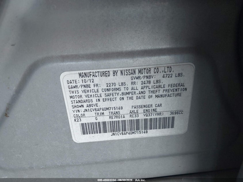 2013 Infiniti G VIN JN1CV6AP4DM715149 IAAI salvage auction — RIGHT FRONT, Salvage (California), sold $800 on 2026-07-28 (photo 9)