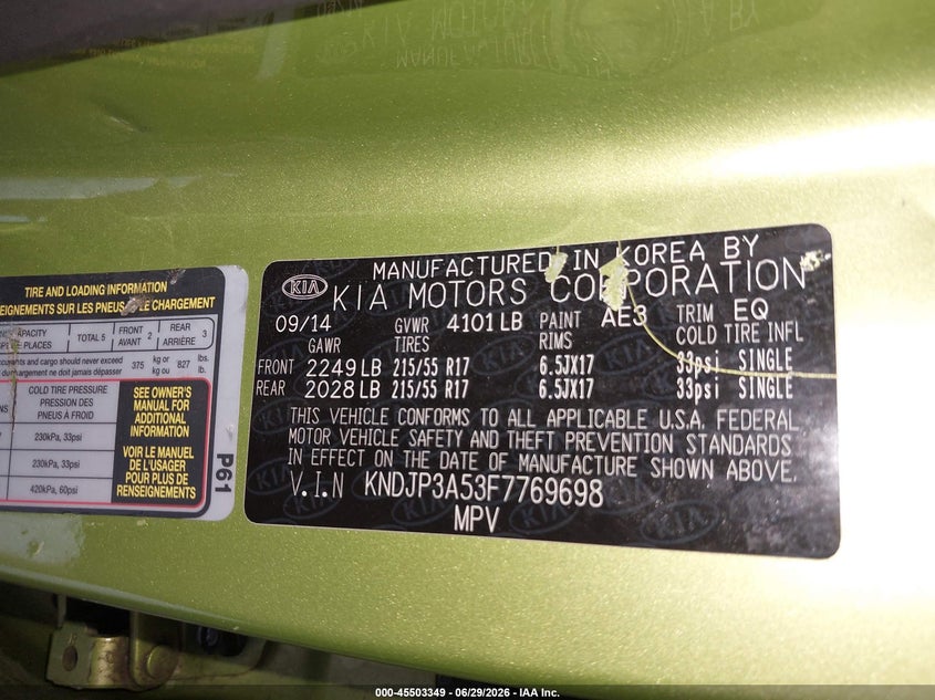 2015 Kia Soul VIN KNDJP3A53F7769698 IAAI salvage auction — LEFT FRONT, Salvage Title, sold $25 on 2026-07-30 (photo 9)