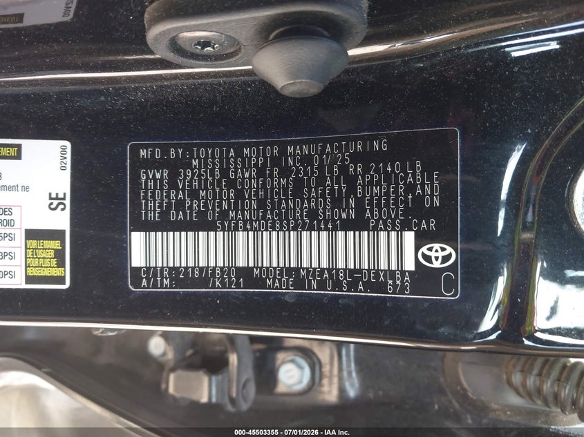 2025 Toyota Corolla VIN 5YFB4MDE8SP271441 IAAI salvage auction — FRONT END, Enterprise Vehicles Clear Only (Texas), sold $10,500 on 2026-07-27 (photo 9)