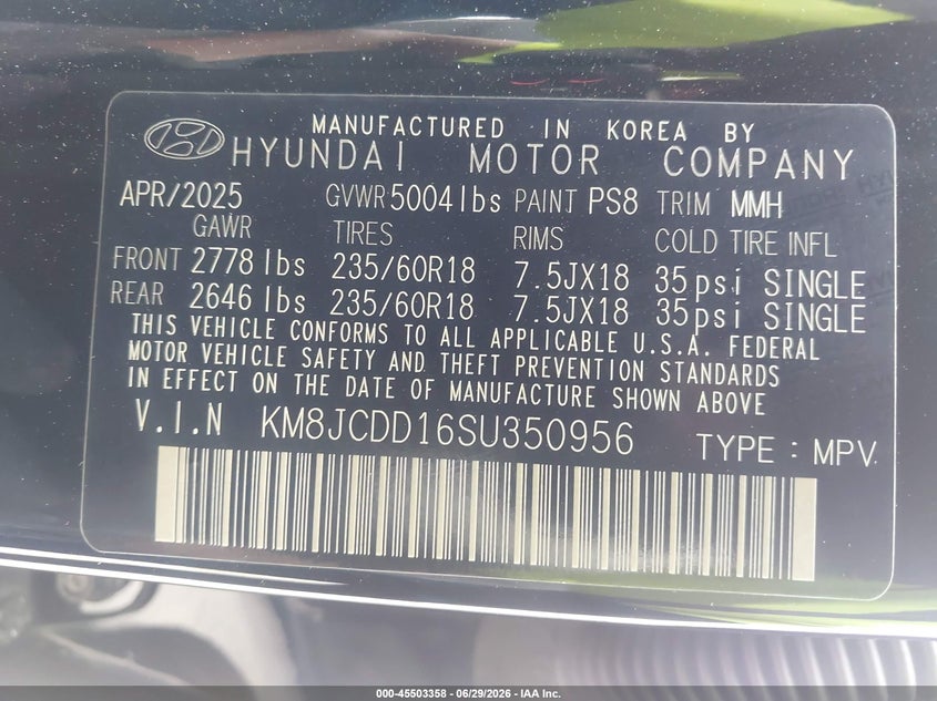2025 Hyundai Tucson VIN KM8JCDD16SU350956 IAAI salvage auction — FRONT & REAR, Salvage (California), sold $12,450 on 2026-07-08 (photo 9)