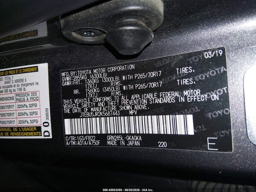 2019 Toyota 4runner VIN JTEBU5JR2K5687443 IAAI salvage auction — FRONT END, Salvage (Idaho), sold $1,050 on 2026-07-24 (photo 9)