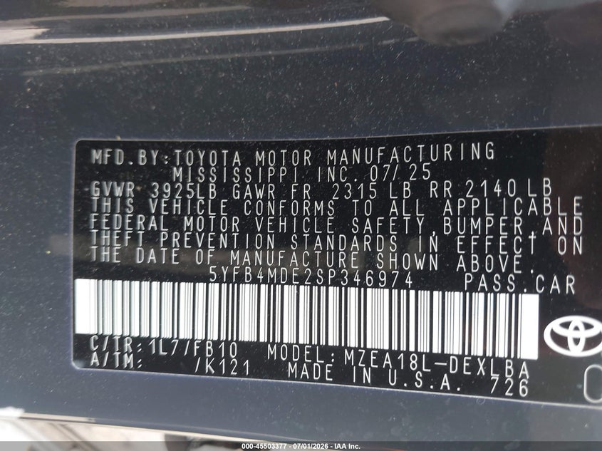 2025 Toyota Corolla VIN 5YFB4MDE2SP346974 IAAI salvage auction — REAR END, Salvage Title, sold $5,900 on 2026-07-28 (photo 9)