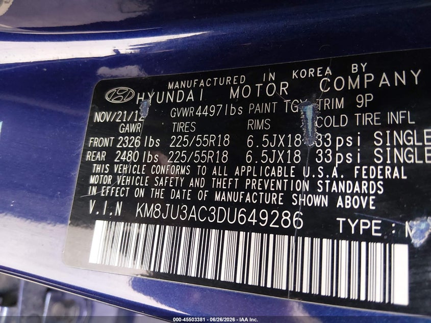 2013 Hyundai Tucson VIN KM8JU3AC3DU649286 IAAI salvage auction — NORMAL WEAR, Clear (Tennessee), sold $1,700 on 2026-07-13 (photo 9)