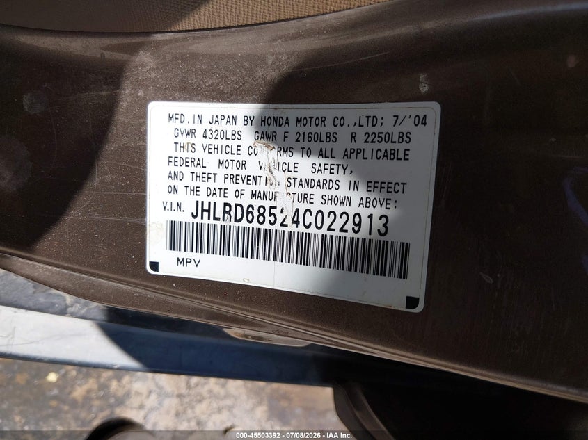 2004 Honda Cr-v VIN JHLRD68524C022913 IAAI salvage auction — NORMAL WEAR, Clear (New Mexico), sold $425 on 2026-07-29 (photo 9)