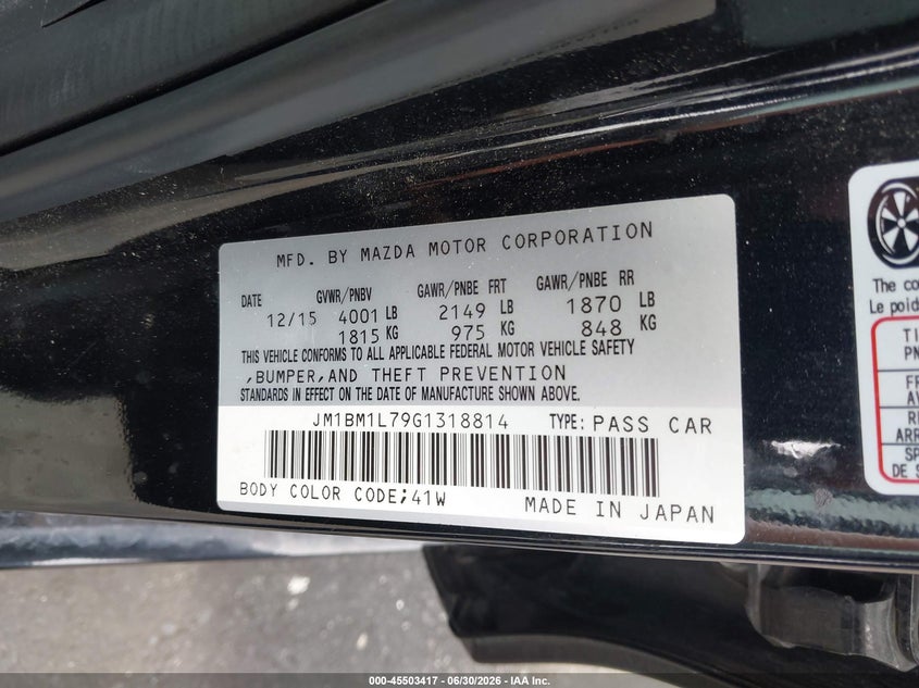2016 Mazda 3 VIN JM1BM1L79G1318814 IAAI salvage auction — FRONT END, Salvage Title, sold $1,050 on 2026-07-19 (photo 9)