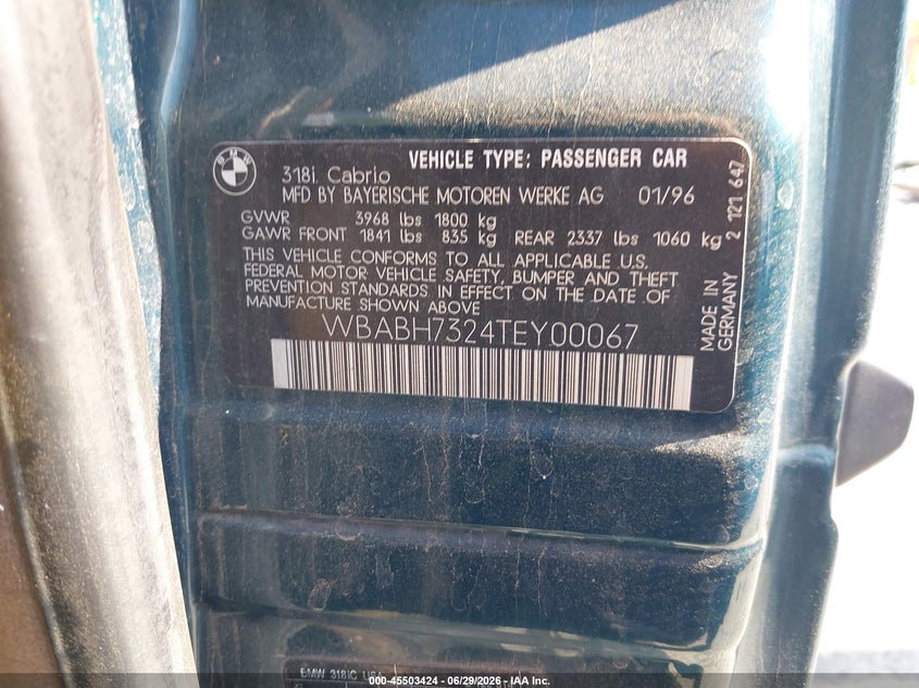 1996 BMW 3 series VIN WBABH7324TEY00067 IAAI salvage auction — RIGHT FRONT, Non-Repairable (California), sold $125 on 2026-08-05 (photo 9)