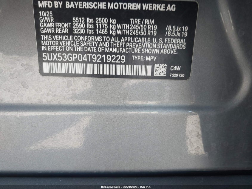2026 BMW X3 VIN 5UX53GP04T9219229 IAAI salvage auction — NORMAL WEAR, Enterprise Vehicles Clear Only (California), sold $27,100 on 2026-07-28 (photo 9)