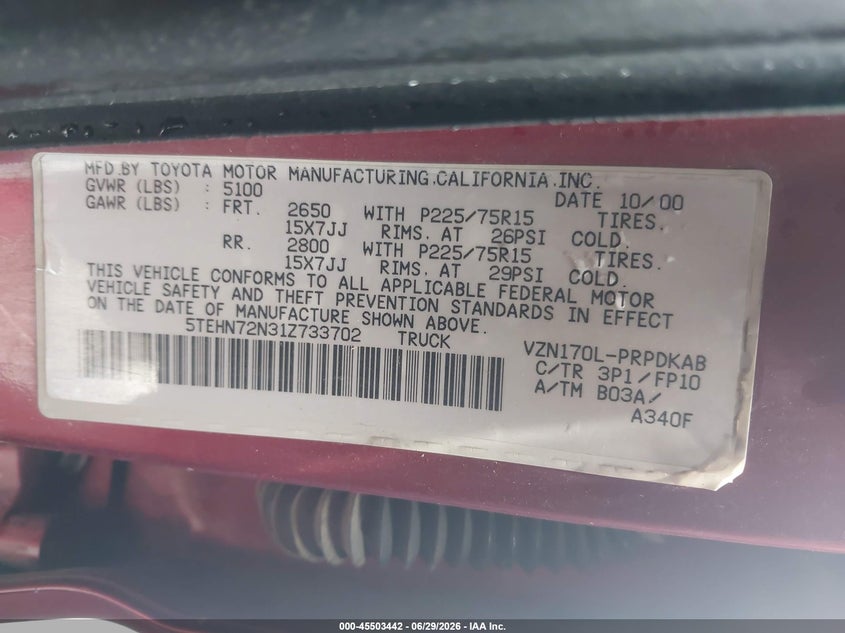 2001 Toyota Tacoma VIN 5TEHN72N31Z733702 IAAI salvage auction — NORMAL WEAR, Clear (Utah), sold $1,850 on 2026-07-16 (photo 9)