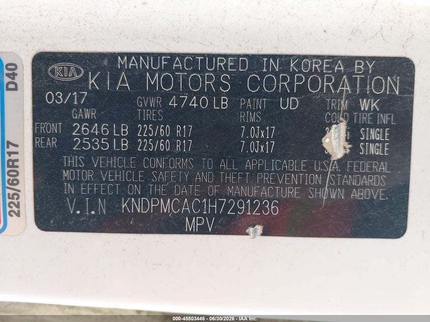 2017 Kia Sportage VIN KNDPMCAC1H7291236 IAAI salvage auction — NORMAL WEAR, Original (Vermont), sold $2,550 on 2026-07-16 (photo 9)