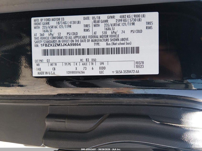 2018 Ford Transit-350 VIN 1FBZX2ZM3JKA99864 IAAI salvage auction — LEFT & RIGHT, Sf97 (California), sold $15,500 on 2026-07-28 (photo 9)