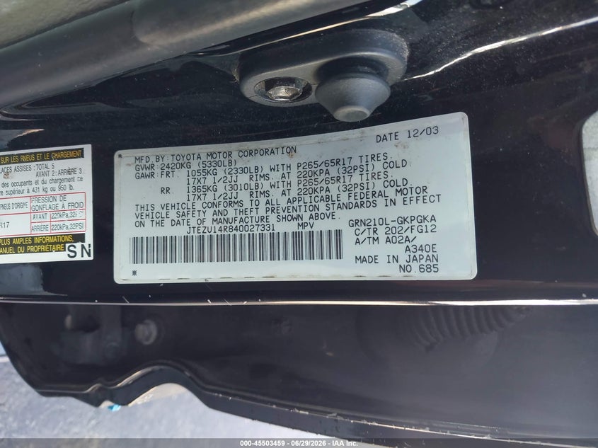 2004 Toyota 4runner VIN JTEZU14R840027331 IAAI salvage auction — NORMAL WEAR, Repossession Paperwork (Georgia), sold $2,000 on 2026-07-22 (photo 9)