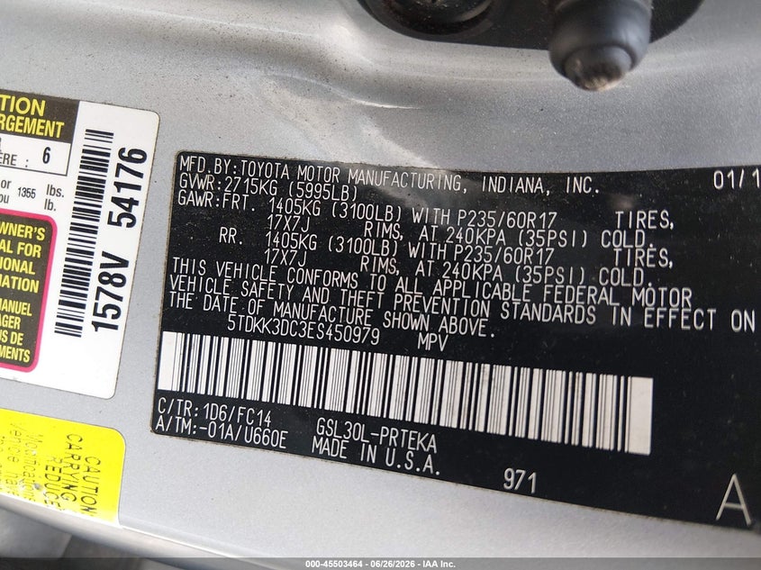 2014 Toyota Sienna VIN 5TDKK3DC3ES450979 IAAI salvage auction — LEFT FRONT, Clear (Virginia), sold $2,050 on 2026-07-17 (photo 9)