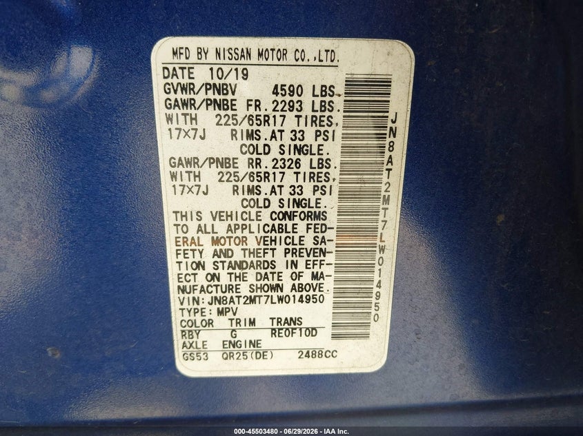 2020 Nissan Rogue VIN JN8AT2MT7LW014950 IAAI salvage auction — REAR END, Salvage (California), sold $4,650 on 2026-07-29 (photo 9)