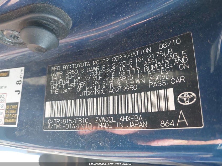 2010 Toyota Prius VIN JTDKN3DU1A0219950 IAAI salvage auction — NORMAL WEAR, Clear (New York), sold $1,550 on 2026-07-07 (photo 9)