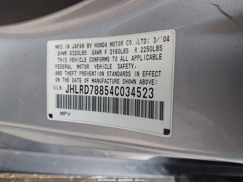 2004 Honda Cr-v VIN JHLRD78854C034523 IAAI salvage auction — NORMAL WEAR, Clear (California), sold $1,100 on 2026-07-14 (photo 9)