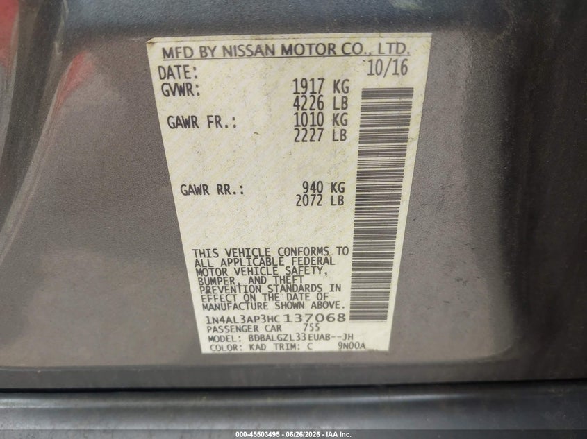 2017 Nissan Altima VIN 1N4AL3AP3HC137068 IAAI salvage auction — NORMAL WEAR, Clear (Maryland), sold $500 on 2026-07-21 (photo 9)