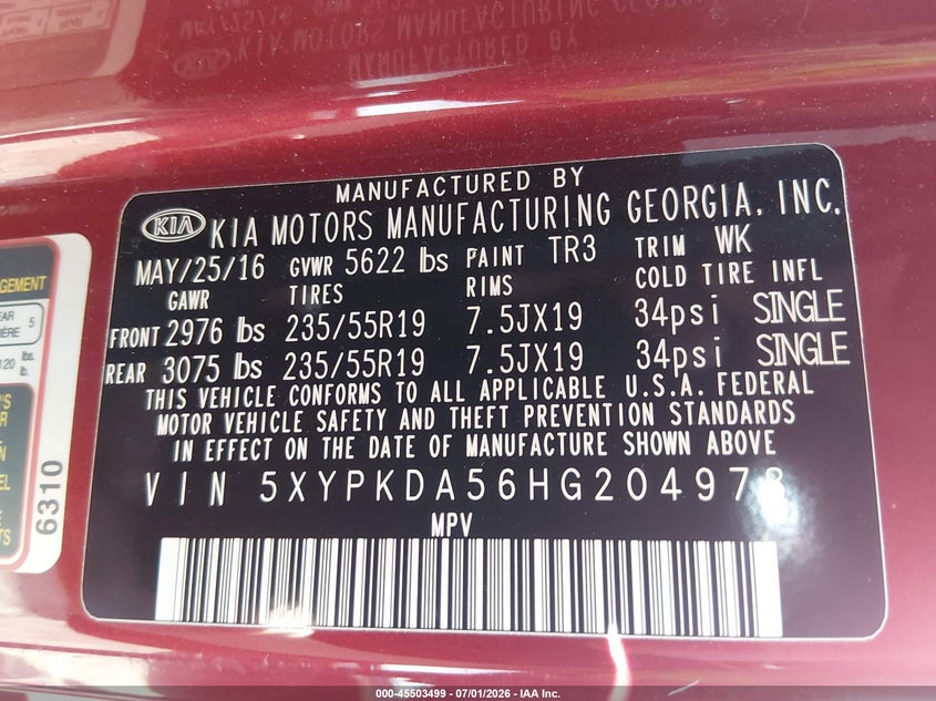 2017 Kia Sorento VIN 5XYPKDA56HG204978 IAAI salvage auction — FRONT END, Salvage Title, sold $575 on 2026-07-30 (photo 9)
