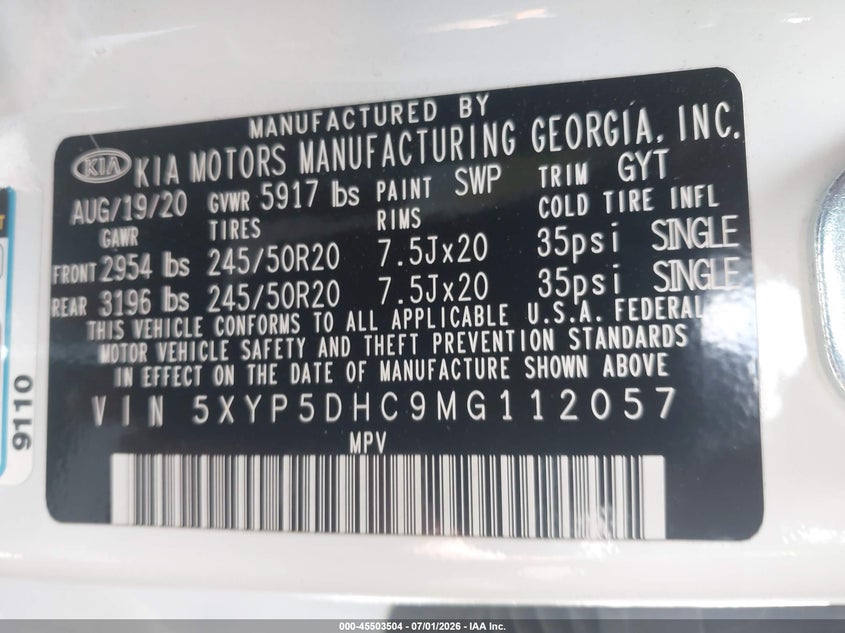 2021 Kia Telluride VIN 5XYP5DHC9MG112057 IAAI salvage auction — LEFT SIDE, Salvage (California), sold $7,600 on 2026-07-29 (photo 9)