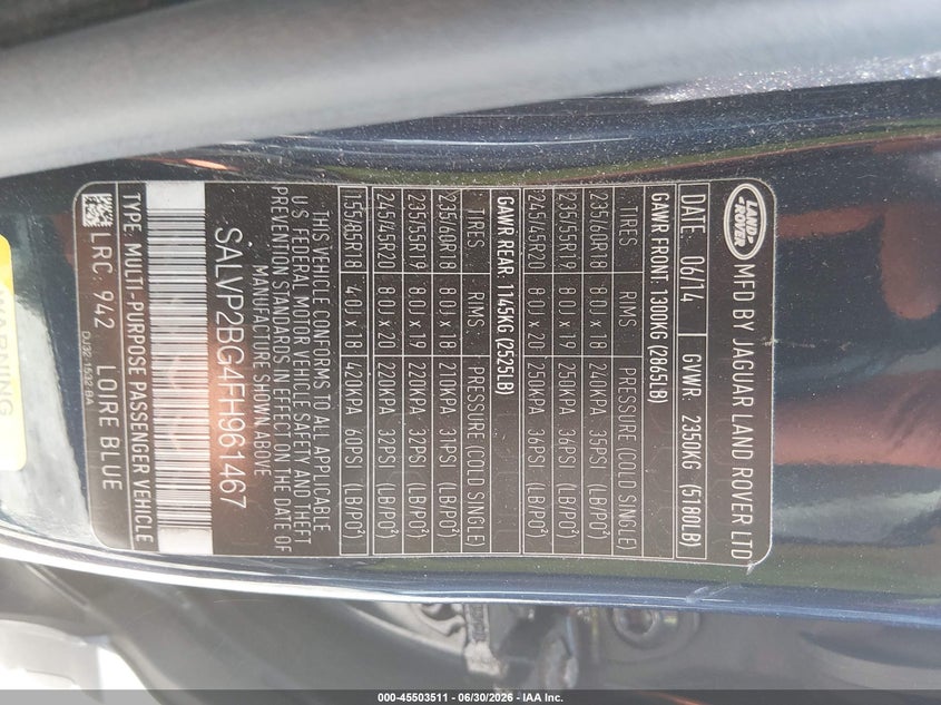 2015 Land rover Range rover evoque VIN SALVP2BG4FH961467 IAAI salvage auction — REAR END, Salvage (Pennsylvania), sold $3,300 on 2026-07-19 (photo 9)