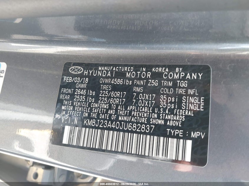 2018 Hyundai Tucson VIN KM8J23A40JU682837 IAAI salvage auction — FRONT END, Sf97 (California), sold $525 on 2026-07-28 (photo 9)