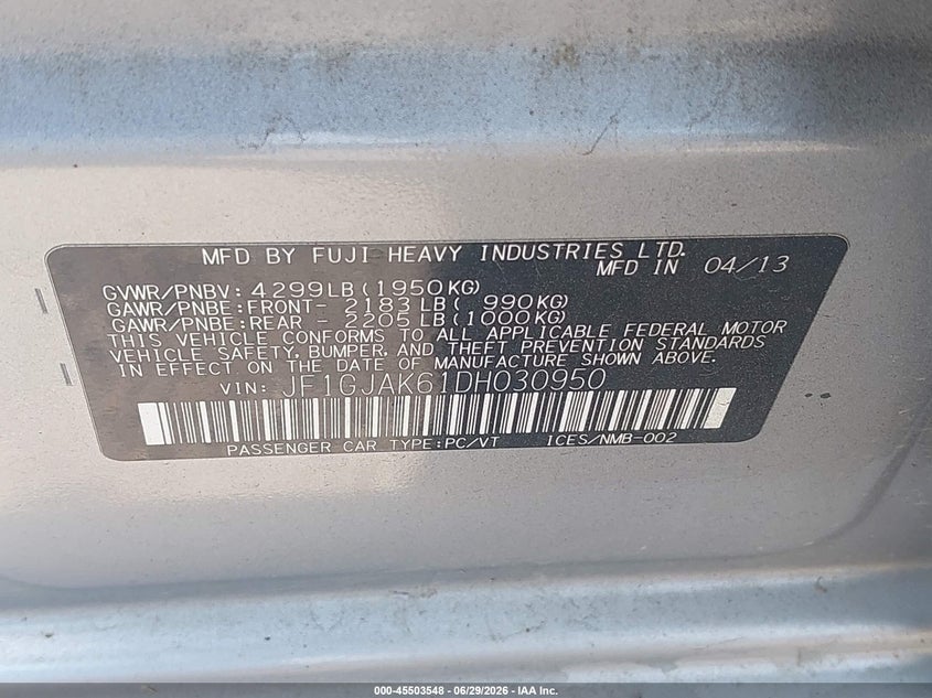 2013 Subaru Impreza VIN JF1GJAK61DH030950 IAAI salvage auction — FRONT END, Clear (Delaware), sold $225 on 2026-07-30 (photo 9)