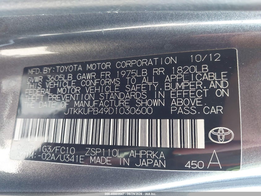2013 Scion Xd VIN JTKKUPB49D1030600 IAAI salvage auction — FRONT END, Rebuildable (Florida), sold $950 on 2026-07-16 (photo 9)