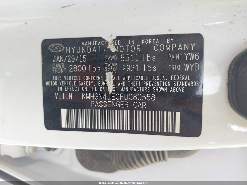 2015 Hyundai Genesis VIN KMHGN4JE0FU080558 IAAI salvage auction — FRONT END, Salvage Title, sold $1,750 on 2026-08-02 (photo 9)