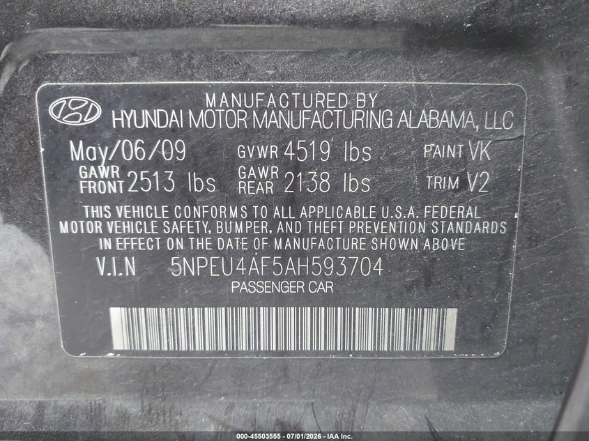 2010 Hyundai Sonata VIN 5NPEU4AF5AH593704 IAAI salvage auction — FRONT END, Bill Of Sale (Washington), sold $475 on 2026-07-22 (photo 9)