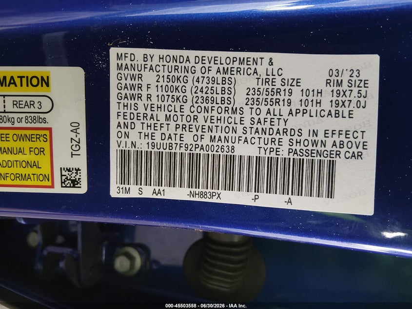 2023 Acura Tlx VIN 19UUB7F9XPA001446 IAAI salvage auction — THEFT, Salvage (California), sold $14,150 on 2026-07-22 (photo 9)