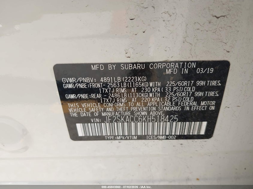 2019 Subaru Forester VIN JF2SKACC6KH518425 IAAI salvage auction — FRONT END, Clear (Michigan), sold $3,550 on 2026-07-23 (photo 9)