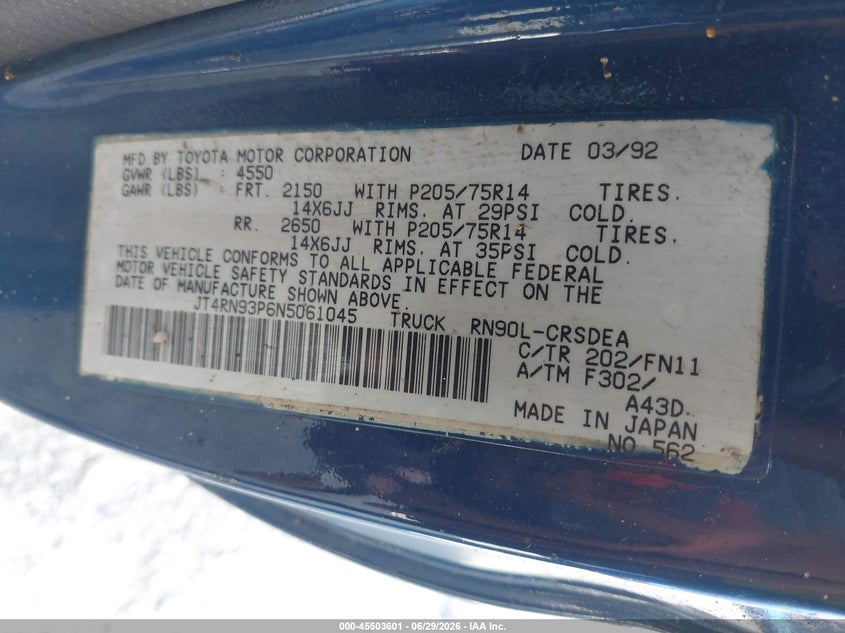 1992 Toyota Pickup VIN JT4RN93P6N5061045 IAAI salvage auction — NORMAL WEAR, Clear (South Carolina), sold $2,500 on 2026-07-28 (photo 9)