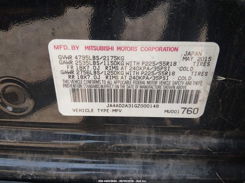 2016 Mitsubishi Outlander VIN JA4AD2A31GZ000148 IAAI salvage auction — NORMAL WEAR, Salvage Title, sold $2,425 on 2026-07-29 (photo 9)