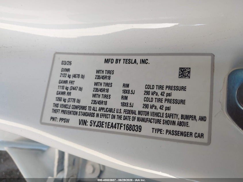 2026 Tesla Model 3 VIN 5YJ3E1EA4TF168039 IAAI salvage auction — RIGHT FRONT, Salvage (Arizona), sold $15,975 on 2026-08-29 (photo 9)